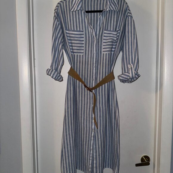 Blue and White stripe shirt dress midi with tan belt size medium 6-8 - Picture 4 of 13